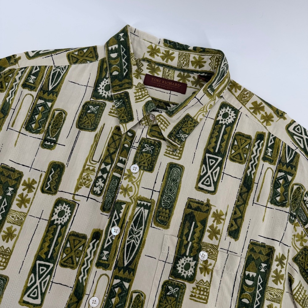 Tori Richard Button Down Shirt Mens 2XL Green Silk Tiki Tribal Geometric 4712